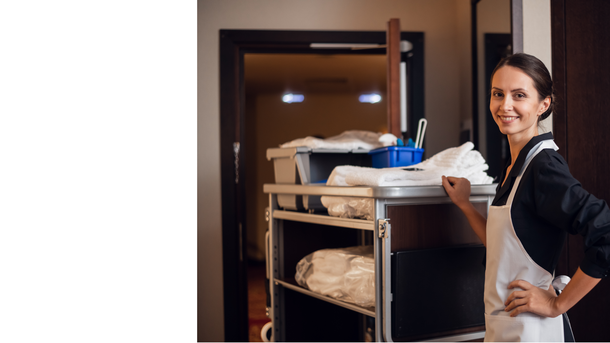 Hotel housekeeper with rolling cart of supplies
